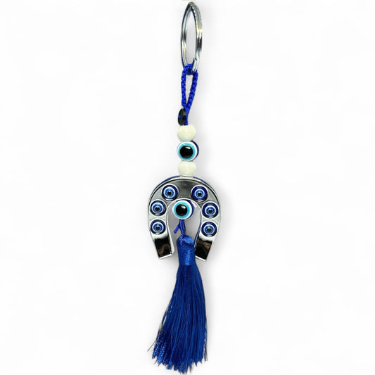 Lucky Horseshoe Evil Eye Keychain with Blue Tassel