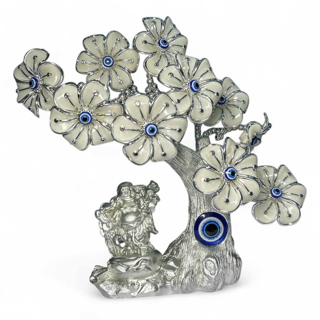 Silver Laughing Buddha Evil Eye Tree