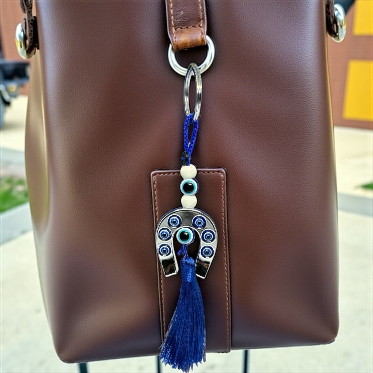 Lucky Horseshoe Evil Eye Keychain with Blue Tassel