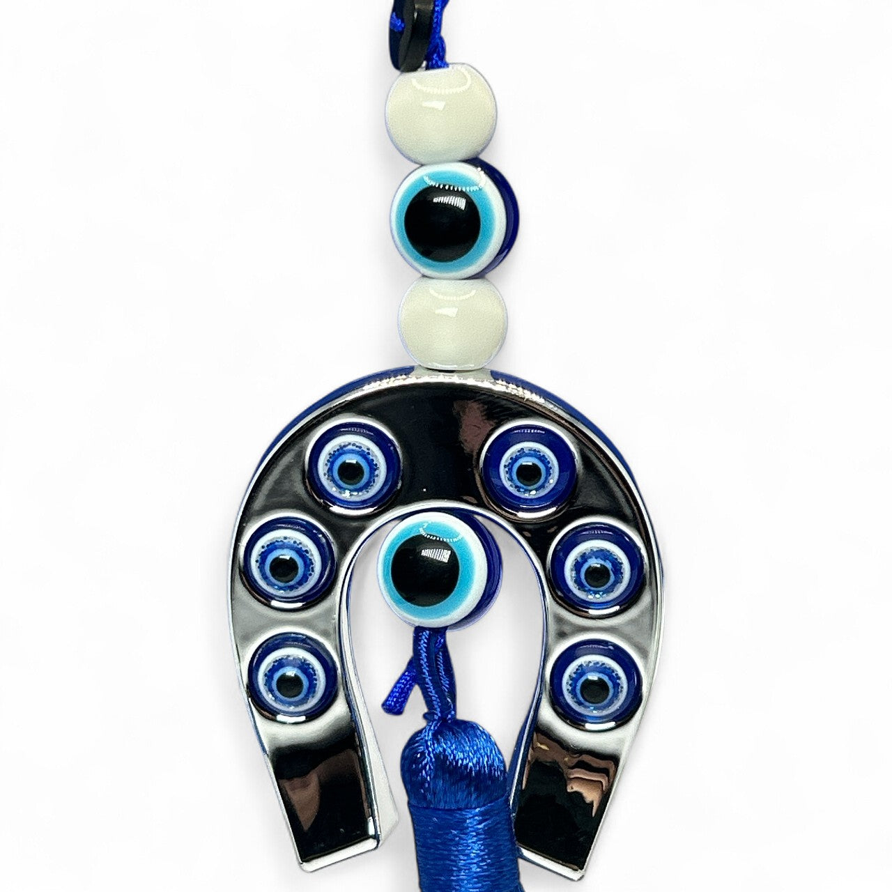 Lucky Horseshoe Evil Eye Keychain with Blue Tassel