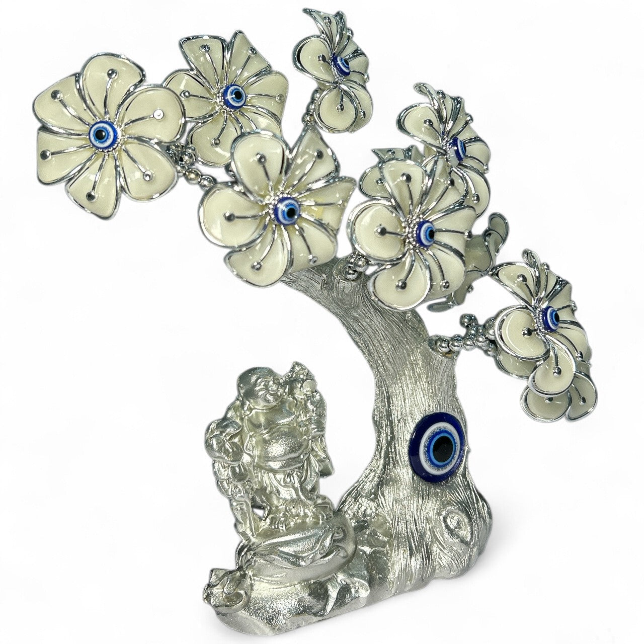 Silver Laughing Buddha Evil Eye Tree