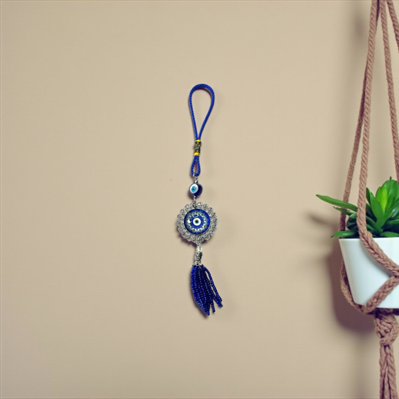 Mandala Evil Eye Wall Hanging with Blue Tassel