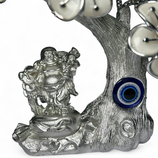 Silver Laughing Buddha Evil Eye Tree