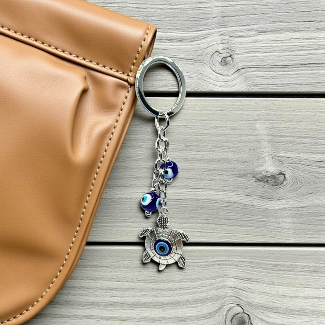 Silver Turtle Evil Eye Keychain
