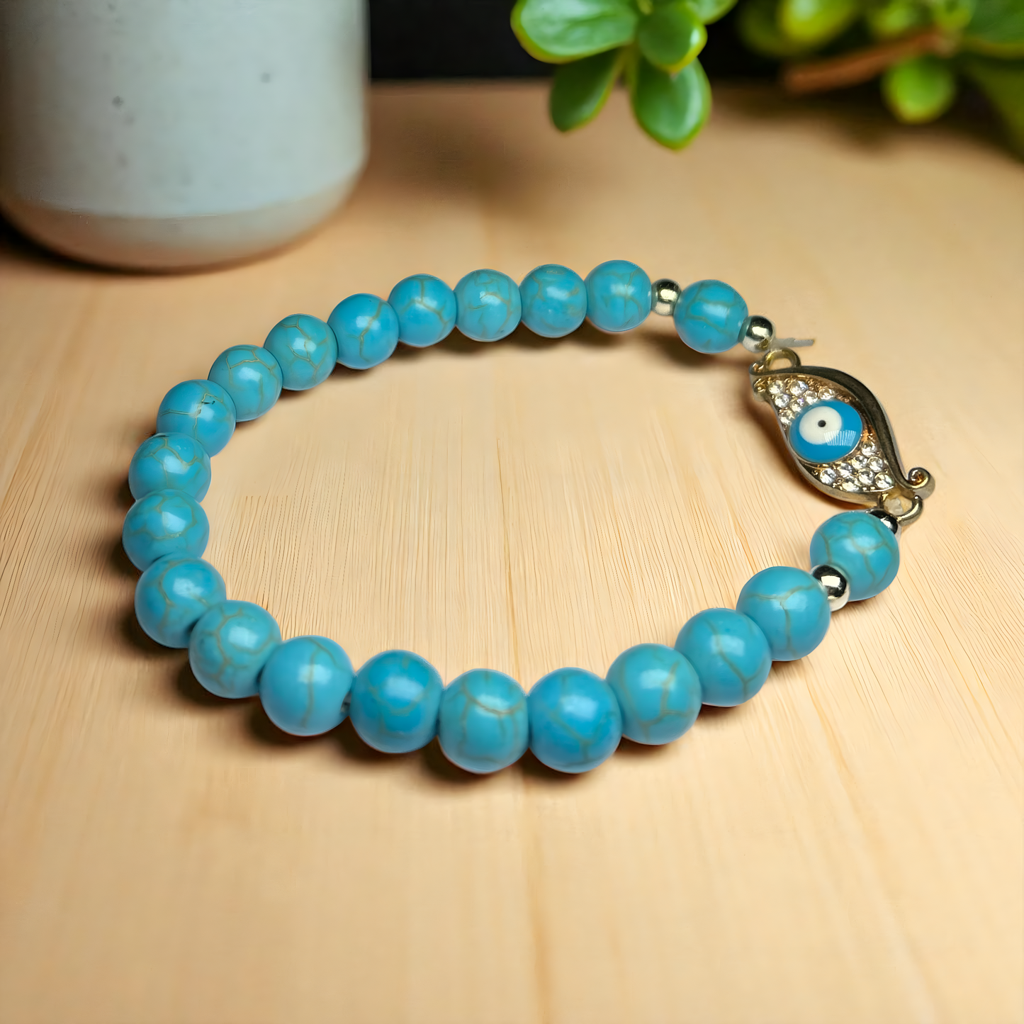 Natural Firoza Turquoise Bracelet with Evil Eye Charm