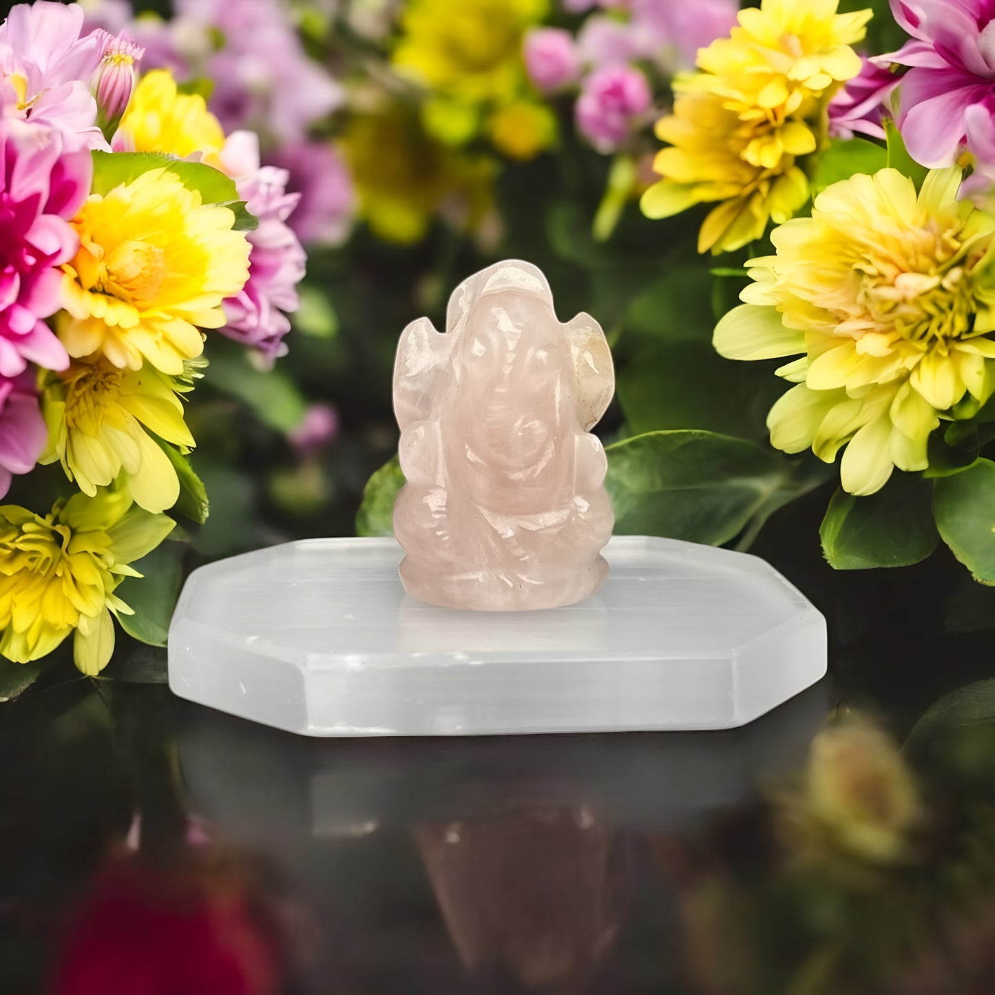 Rose Quartz Crystal Ganesh Ji with Selenite Plate