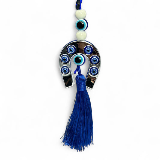 Lucky Horseshoe Evil Eye Keychain with Blue Tassel