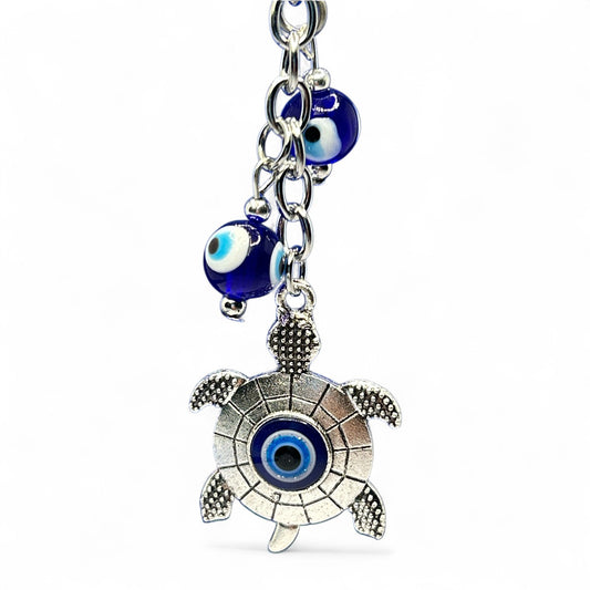 Silver Turtle Evil Eye Keychain