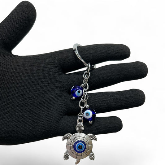 Silver Turtle Evil Eye Keychain