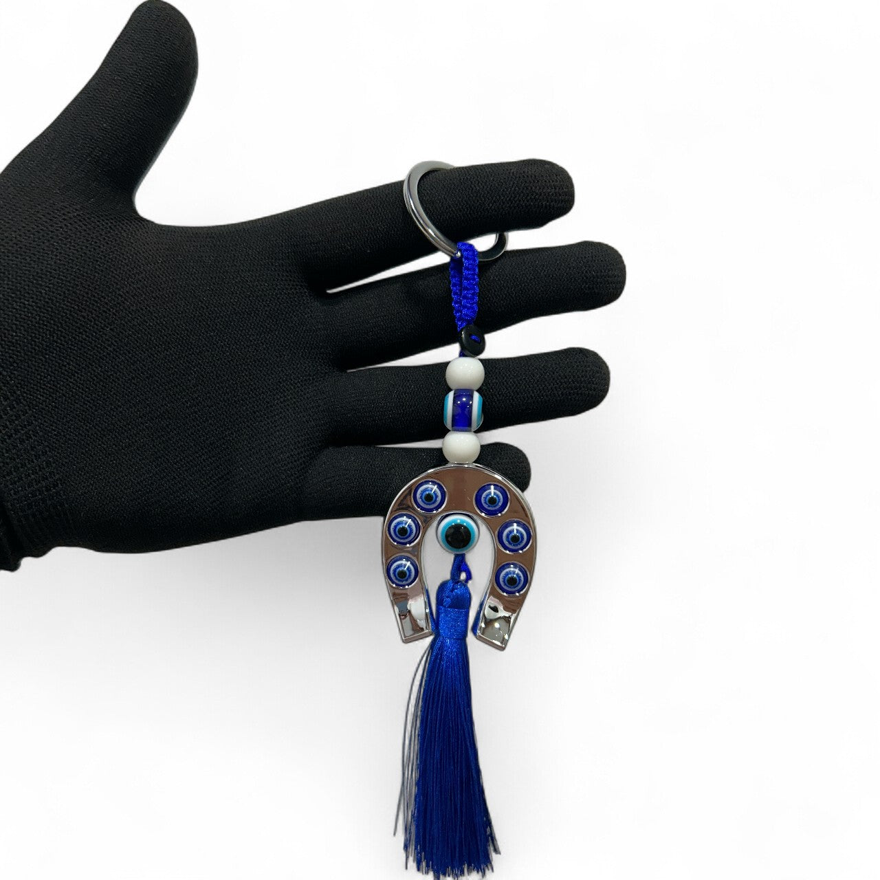 Lucky Horseshoe Evil Eye Keychain with Blue Tassel