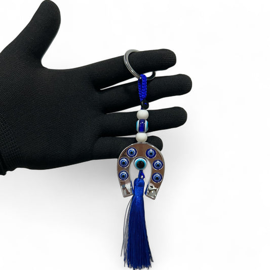 Lucky Horseshoe Evil Eye Keychain with Blue Tassel
